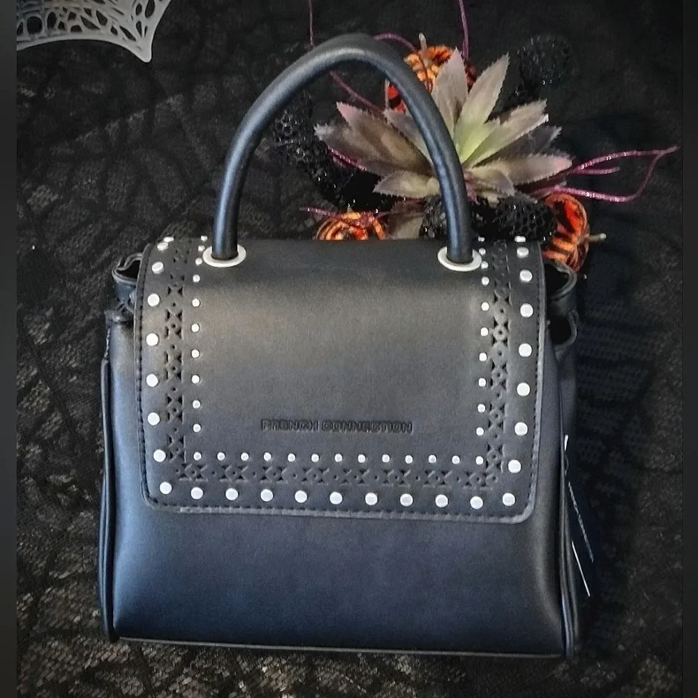 French Connection Bellita‎ Black Stud Mini Crossbody with Top Handle NWT
